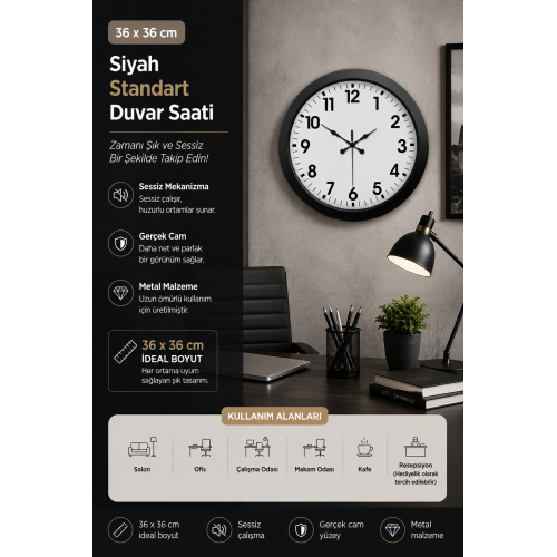 36 cm Siyah Metal Standart Duvar Saati
