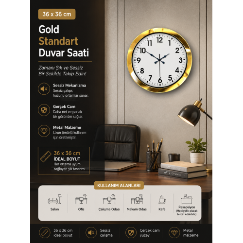36 cm Gold Metal Standart Duvar Saati