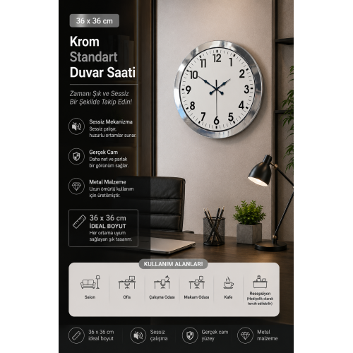 36 cm Krom Metal Standart Duvar Saati