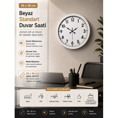 36 cm Beyaz Metal Standart Duvar Saati