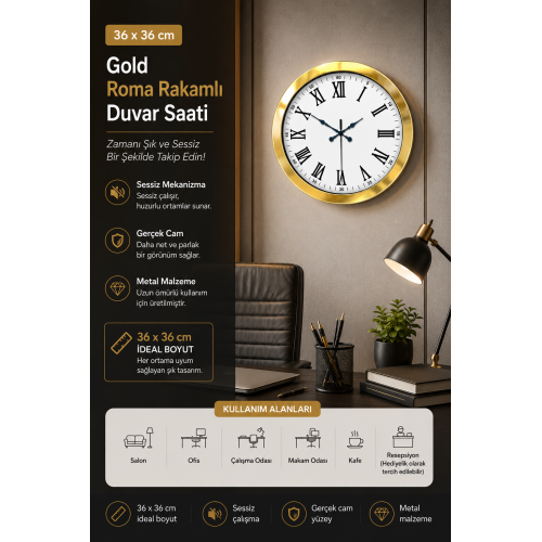 36 cm Gold Metal Roma Rakamlı Duvar Saati