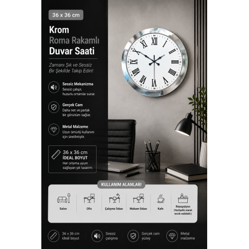 36 cm Krom Metal Roma Rakamli Duvar Saati