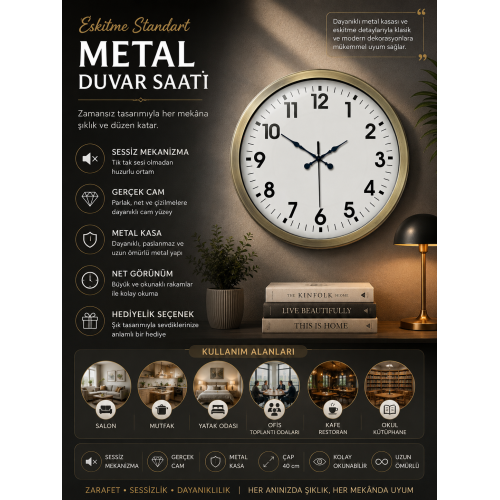Eskitme Standart 40 cm Metal Klasik Duvar Saati