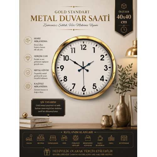 40 cm Metal Gold Standart Duvar Saati – Modern ve Dekoratif Tasarım