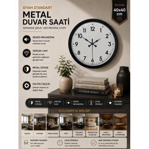 40 cm Siyah Metal Standart Duvar Saati – Standart Metal Siyah Kadran (PL-4005B)