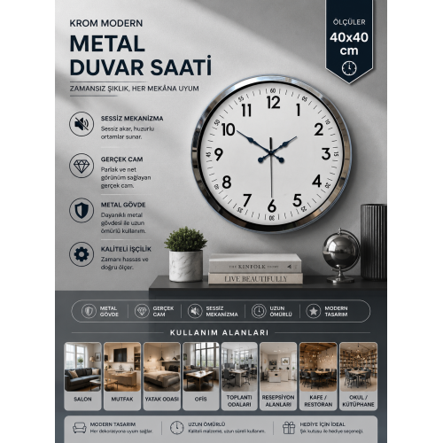 Modern Klasik 40 cm Krom Metal Duvar Saati