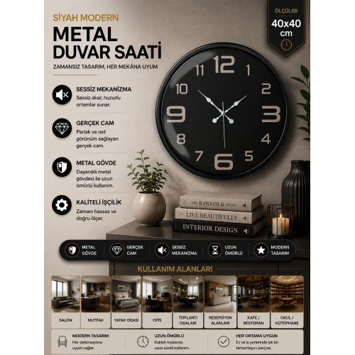 40 cm Siyah Metal Modern Duvar Saati