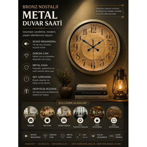 Bronz Nostalji 40 cm Metal Eskitme Duvar Saati