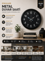 40 cm Siyah Metal Siyah Kadran Duvar Saati