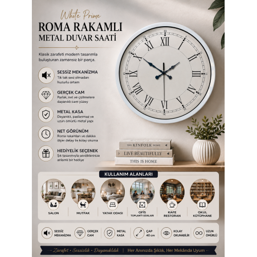 40 cm Beyaz Metal Retro Duvar Saati