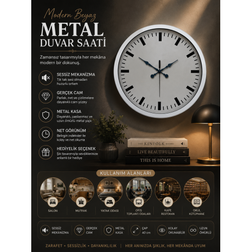 40 cm Beyaz Metal Sade Duvar Saati