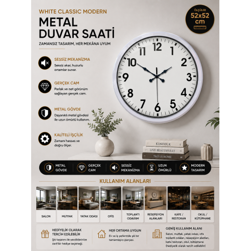 52 cm Beyaz Metal Standart Duvar Saati