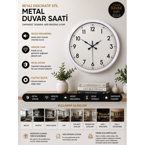 52 cm Beyaz Metal Dekoratif Duvar Saati