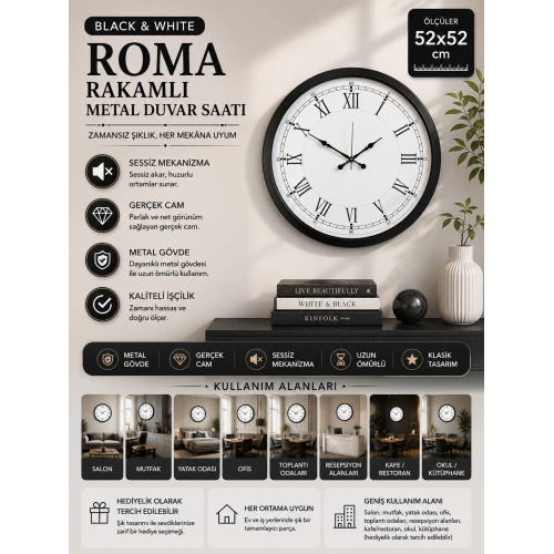 Modern 52 cm Black & White Roma Rakamlı Metal Duvar Saati