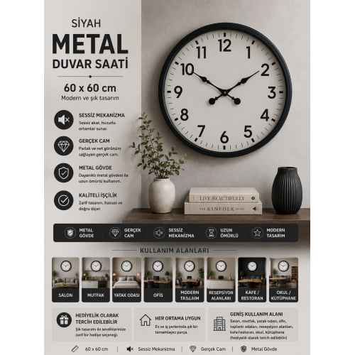 60 cm Siyah Metal Duvar Saati
