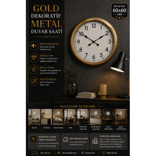 60 cm Gold Metal Dekoratif Duvar Saati – Dekoratif Metal Rakamlı