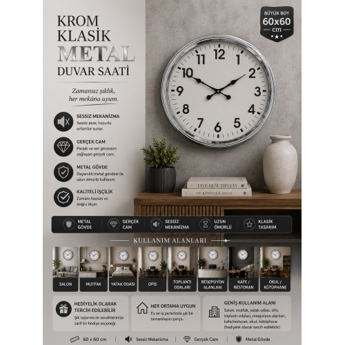 60 cm Krom Metal Duvar Saati