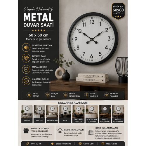60 cm Siyah Dekoratif Metal Duvar Saati