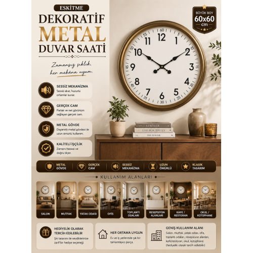 60 cm Eskitme Metal Dekoratif Duvar Saati