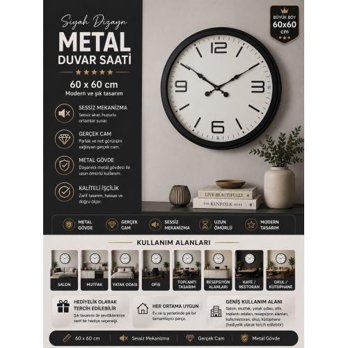 60 cm Siyah Metal Dizayn Duvar Saati