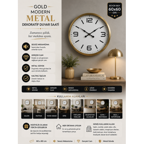 60 cm Gold Metal Dekoratif Duvar Saati – Modern Dekoratif Metal