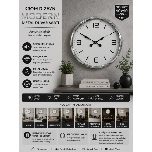 60 cm Krom Metal Dizayn Duvar Saati