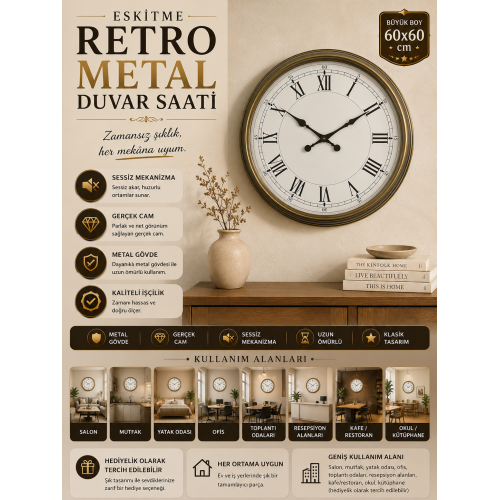 60 cm Eskitme Metal Retro Duvar Saati