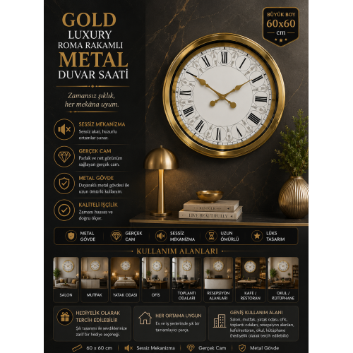 60 cm Gold Metal Roma Rakamlı Duvar Saati