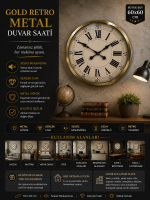 60 cm Gold Metal Dekoratif Roma Rakamlı Duvar Saati – Retro Metal Roma Rakamlı