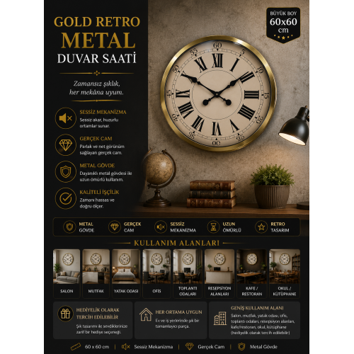 60 cm Gold Metal Dekoratif Roma Rakamlı Duvar Saati – Retro Metal Roma Rakamlı