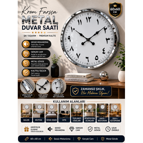 60 cm Krom Metal Farsça Duvar Saati