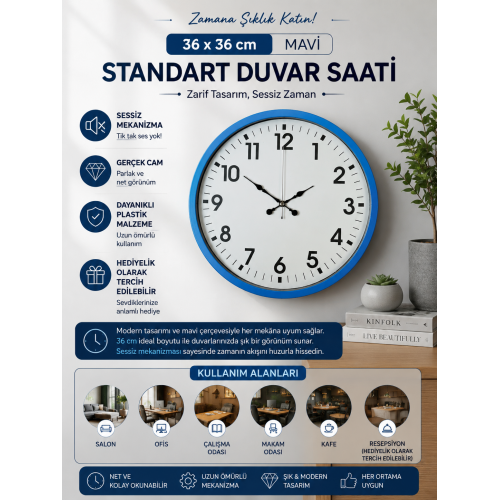 36 cm Standart Mavi Duvar Saati