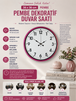 36 cm Pembe Dekoratif Duvar Saati – Rakamlı Beyaz Kadran (PP-3601P)