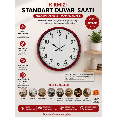 36 cm Standart Kırmızı Duvar Saati