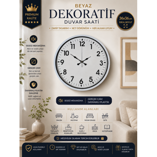 36 cm Beyaz Dekoratif Duvar Saati (PP-3601W)