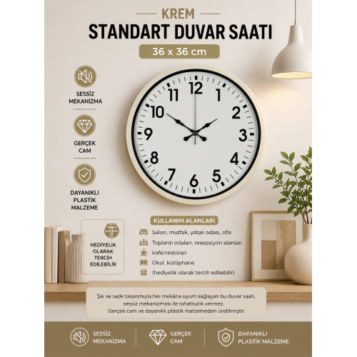 36 cm Standart Krem Duvar Saati