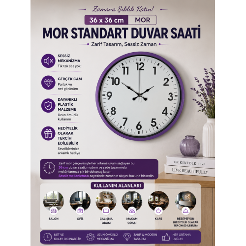 36 cm Mor Standart Duvar Saati