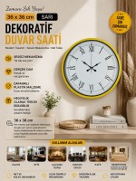 36 cm Sarı Dekoratif Duvar Saati – Roma Rakamlı Beyaz Kadran
