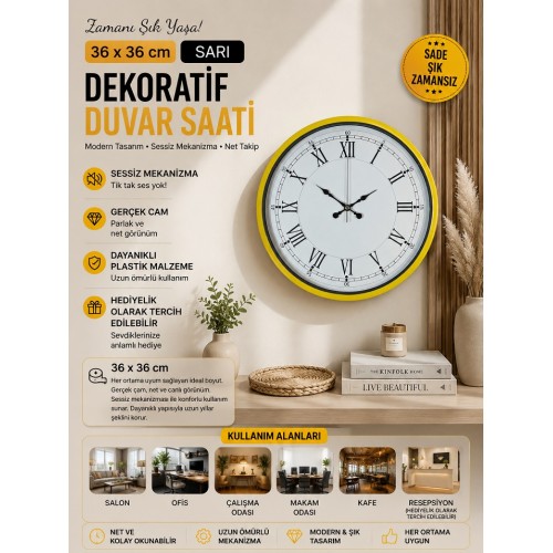 36 cm Sarı Dekoratif Duvar Saati – Roma Rakamlı Beyaz Kadran
