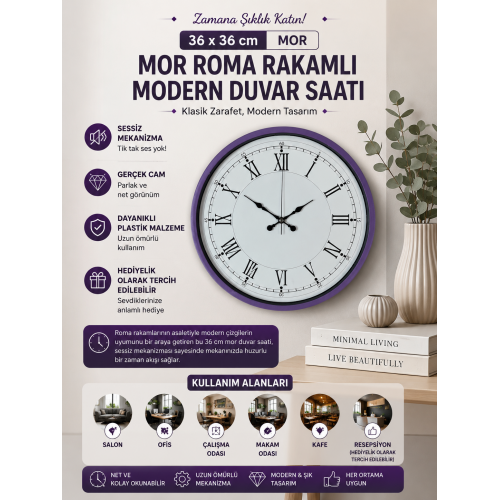 36 cm Mor Roma Rakamlı Duvar Saati