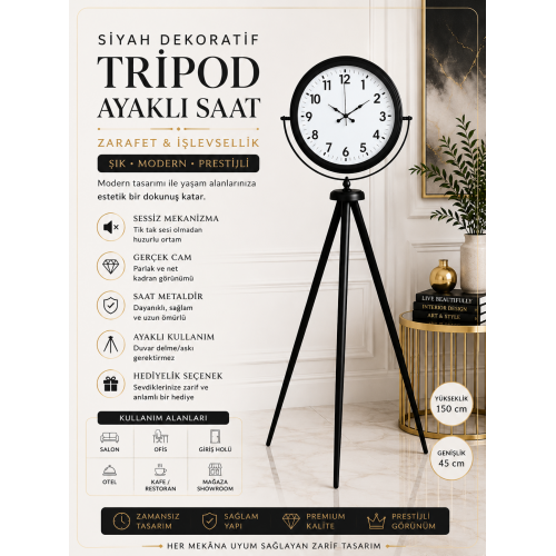 Siyah Tripod Ayaklı Dekoratif Saat