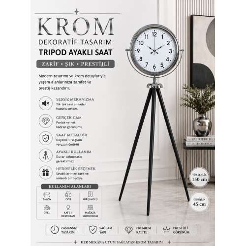 Krom Dekoratif Tasarım Tripod Ayaklı Saat