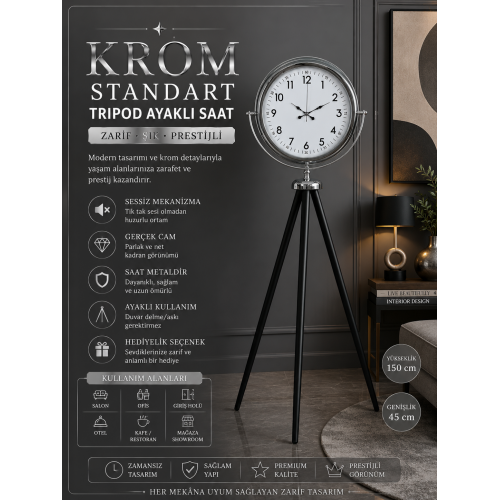Krom Standart Tripod Ayaklı Saat