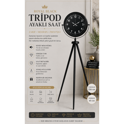 Royal Black Tripod Ayaklı Modern Tasarım Saat