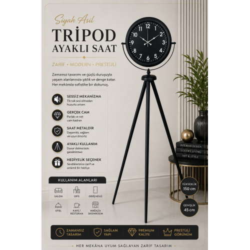 Siyah Asil Standart Stil Tripod Ayaklı Saat