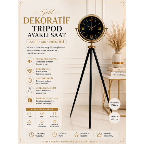 Gold Dekoratif Tasarım Tripod Ayaklı Saat