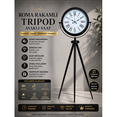 Siyah Roma Rakamlı Lüks Tasarım Tripod Ayaklı Saat