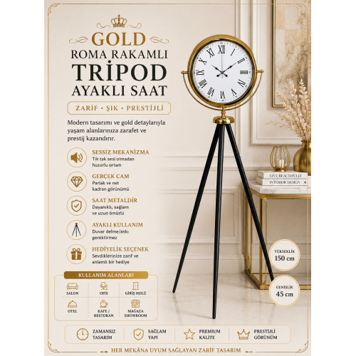 Gold Roma Rakamlı Lüks Tripod Ayaklı Saat