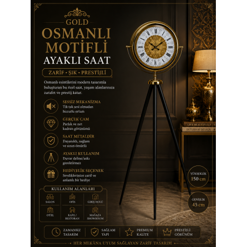 Gold Asalet Tripod Ayaklı Saat – Osmanlı Motifli