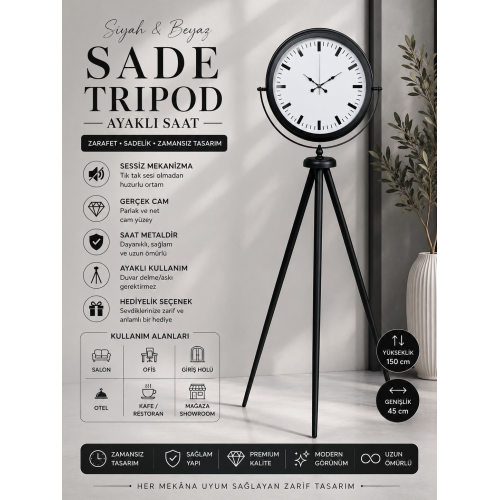 Siyah & Beyaz Saf Sade Tasarım Tripod Ayaklı Saat